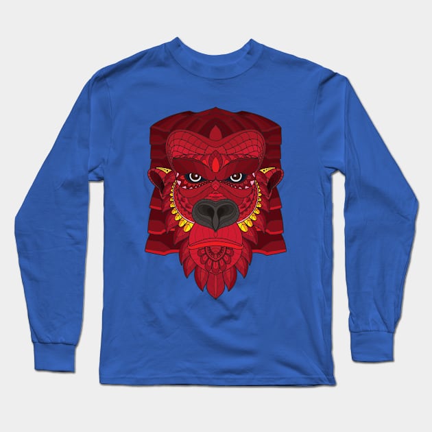 Zentangle Red Gorilla Head Long Sleeve T-Shirt by Mako Design 